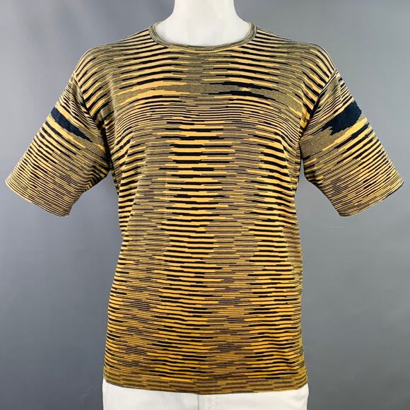 MISSONI Size XL Yellow Navy Stripe Cotton Knit Crew Neck T-Shirt - Picture 1 of 6